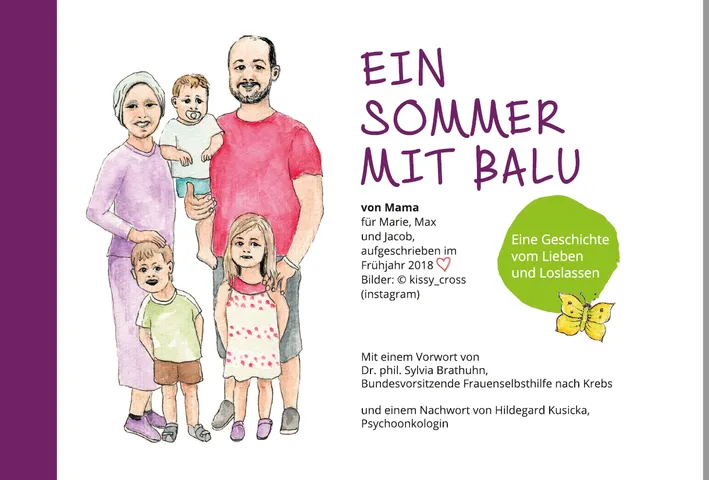 Buchcover „Ein Sommer mit Balu“: eine gezeichnete Familie mit drei Kindern, daneben ein gelber Schmetterling.